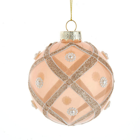 Kurt Adler 80MM Champagne and Pearl Peach Glitter Ball Ornaments, 6 Piece Set