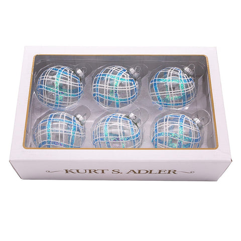 Kurt Adler 80MM Plaid Light Blue and Clear Glass Ball Ornaments, 6 Piece Set