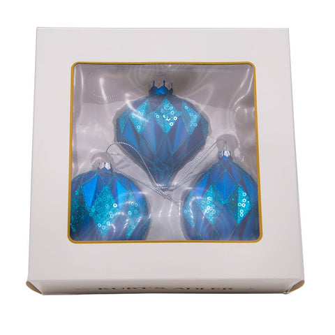 Kurt Adler 80MM Glittered, Sequin Blue Ball, Finial and Onion, 3 Piece Set