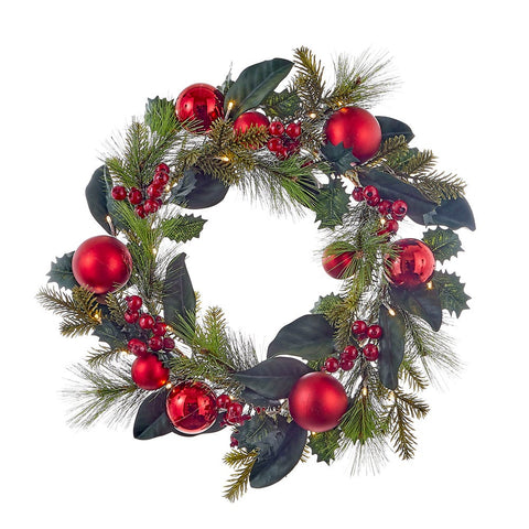 Kurt Adler 22-Inch Battery-Operated Red Berries and Balls LED Wreath